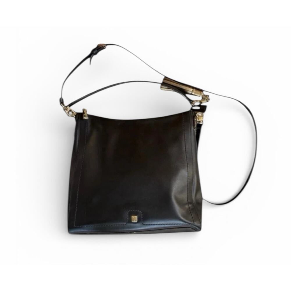 Antonio Melani Black Genuine Leather Medium Square Crossbody Purse Handbag Bag